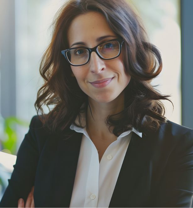 A woman with wavy brown hair and glasses, wearing a white blouse and black blazer, stands indoors, smiling confidently with arms crossed.