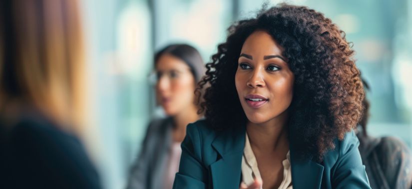 A woman with curly hair in a teal blazer talks to another person in an office setting, while another woman works in the background.