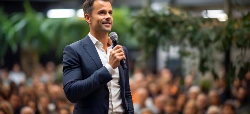 A man in a suit holds a microphone and speaks confidently to a seated audience, with greenery visible in the background.