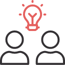 Two simple human icons with a red light bulb above them, symbolizing shared ideas or collaboration.