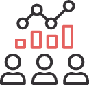Three people icons with red bar and black line graphs above them, representing data analysis or team performance metrics.