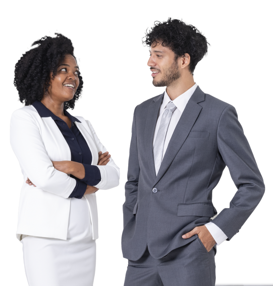 Two people in business attire, a woman in a white suit and a man in a gray suit, stand facing each other and smiling against a plain white background.